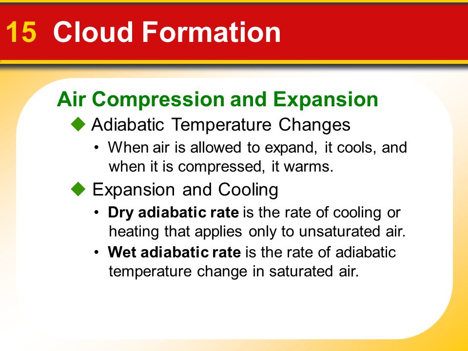 Air Compression and Expansion 15 Cloud Formation When air is allowed to expand, it cools, and when it is compressed, it warms.