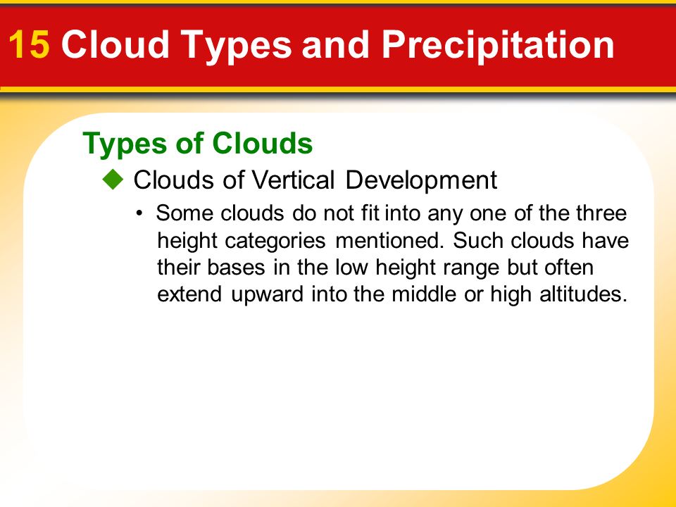 Types of Clouds 15 Cloud Types and Precipitation  Clouds of Vertical Development Some clouds do not fit into any one of the three height categories mentioned.