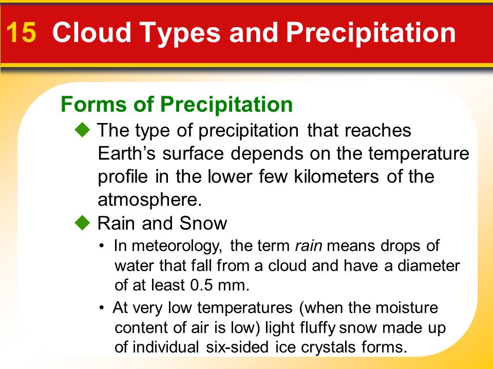 Forms of Precipitation 15 Cloud Types and Precipitation  The type of precipitation that reaches Earth’s surface depends on the temperature profile in the lower few kilometers of the atmosphere.