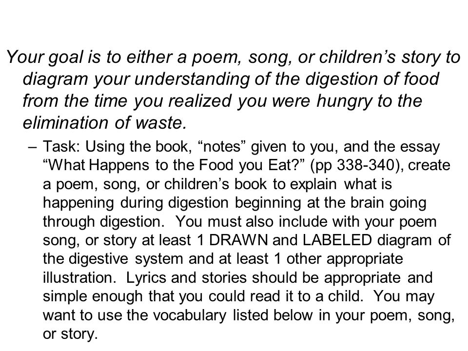 Your goal is to either a poem, song, or children’s story to diagram your understanding of the digestion of food from the time you realized you were hungry to the elimination of waste.