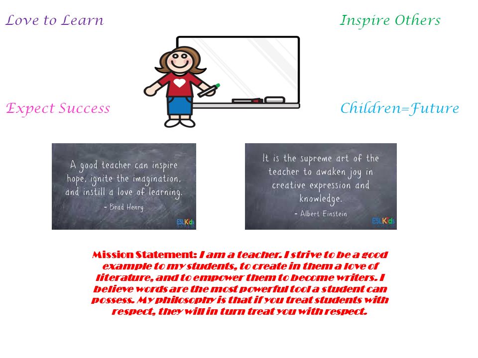 Love to Learn Inspire Others Expect SuccessChildren=Future Mission Statement: I am a teacher.
