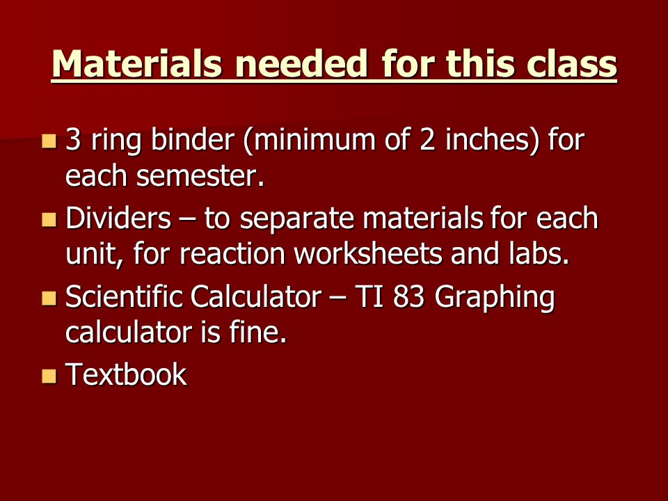 Materials needed for this class 3 ring binder (minimum of 2 inches) for each semester.