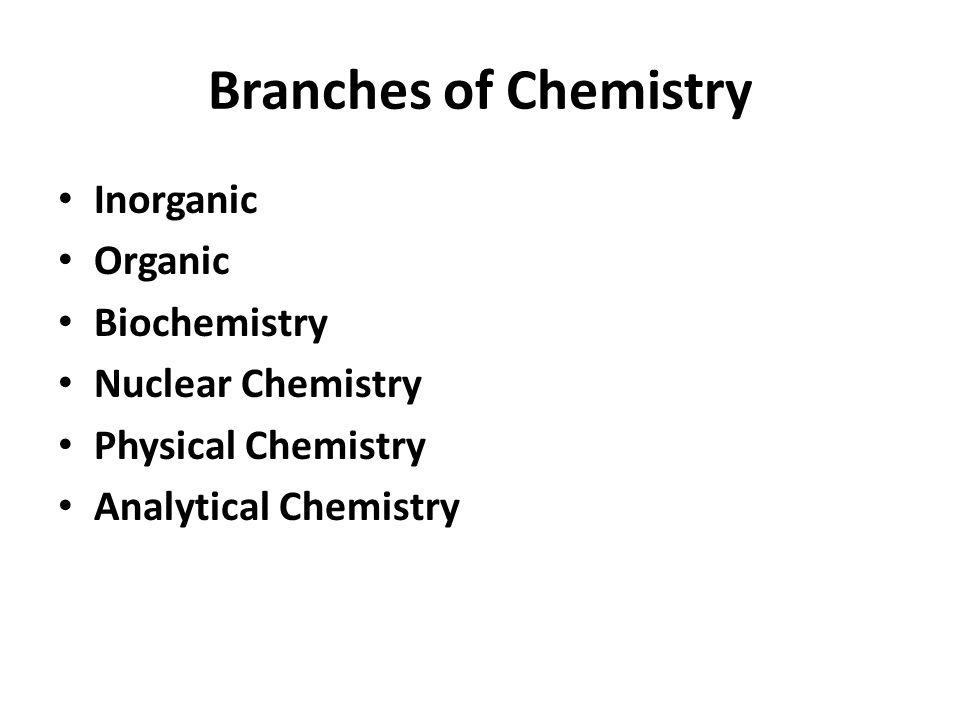 Branches of Chemistry Inorganic Organic Biochemistry Nuclear Chemistry Physical Chemistry Analytical Chemistry