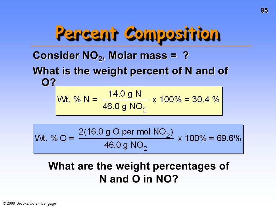 84 © 2009 Brooks/Cole - Cengage Percent Composition Consider some of the family of nitrogen- oxygen compounds: NO 2, nitrogen dioxide and closely related, NO, nitrogen monoxide (or nitric oxide) Structure of NO 2 Chemistry of NO, nitrogen monoxide PLAY MOVIE
