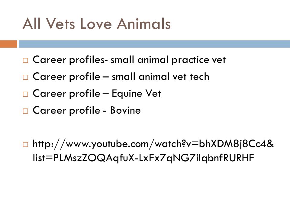 All Vets Love Animals  Career profiles- small animal practice vet  Career profile – small animal vet tech  Career profile – Equine Vet  Career profile - Bovine    v=bhXDM8j8Cc4& list=PLMszZOQAqfuX-LxFx7qNG7ilqbnfRURHF