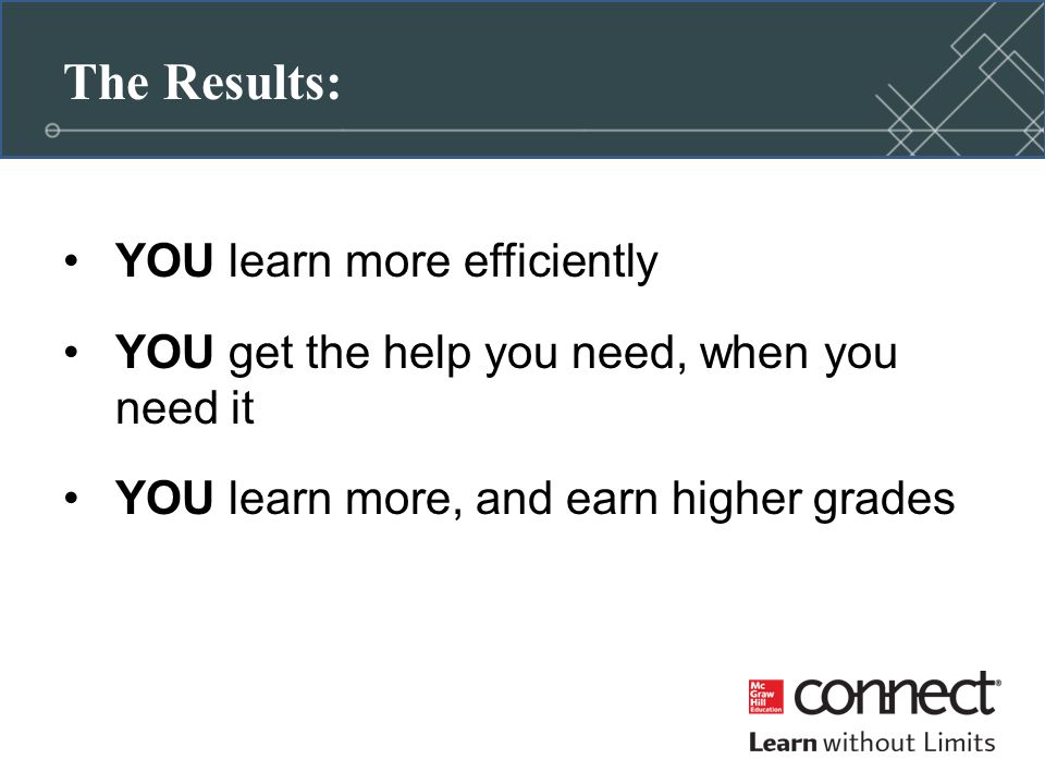 The Results: YOU learn more efficiently YOU get the help you need, when you need it YOU learn more, and earn higher grades