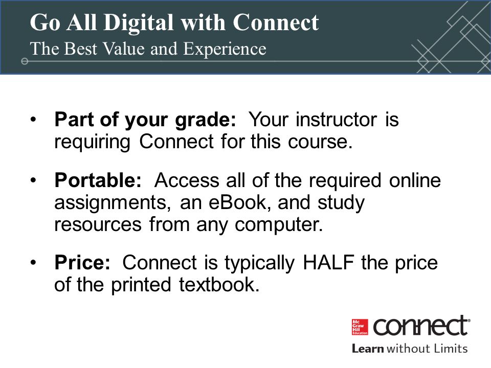 Go All Digital with Connect The Best Value and Experience Part of your grade: Your instructor is requiring Connect for this course.