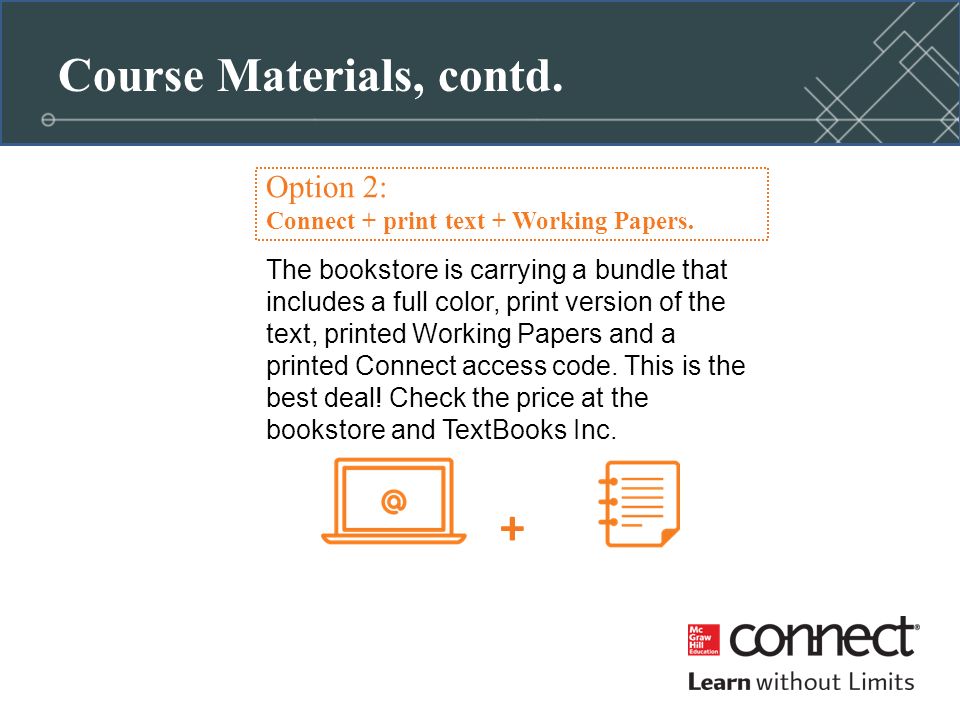 Course Materials, contd. Option 2: Connect + print text + Working Papers.