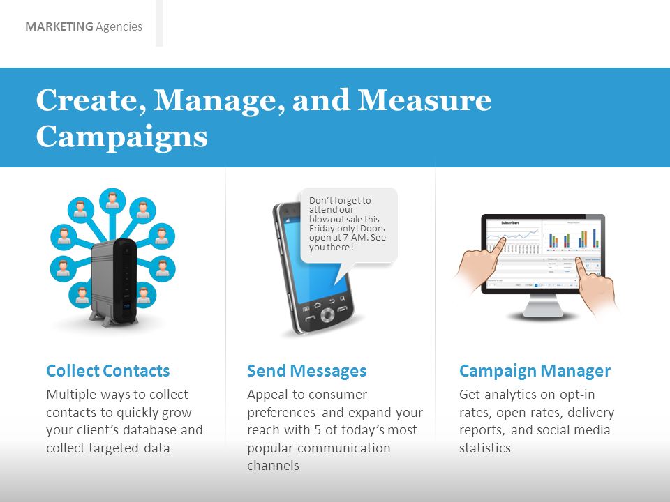 MARKETING Agencies Create, Manage, and Measure Campaigns Multiple ways to collect contacts to quickly grow your client’s database and collect targeted data Send MessagesCampaign ManagerCollect Contacts Appeal to consumer preferences and expand your reach with 5 of today’s most popular communication channels Get analytics on opt-in rates, open rates, delivery reports, and social media statistics Don’t forget to attend our blowout sale this Friday only.