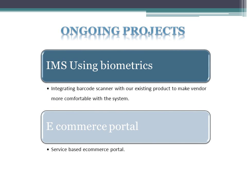 IMS Using biometrics Integrating barcode scanner with our existing product to make vendor more comfortable with the system.