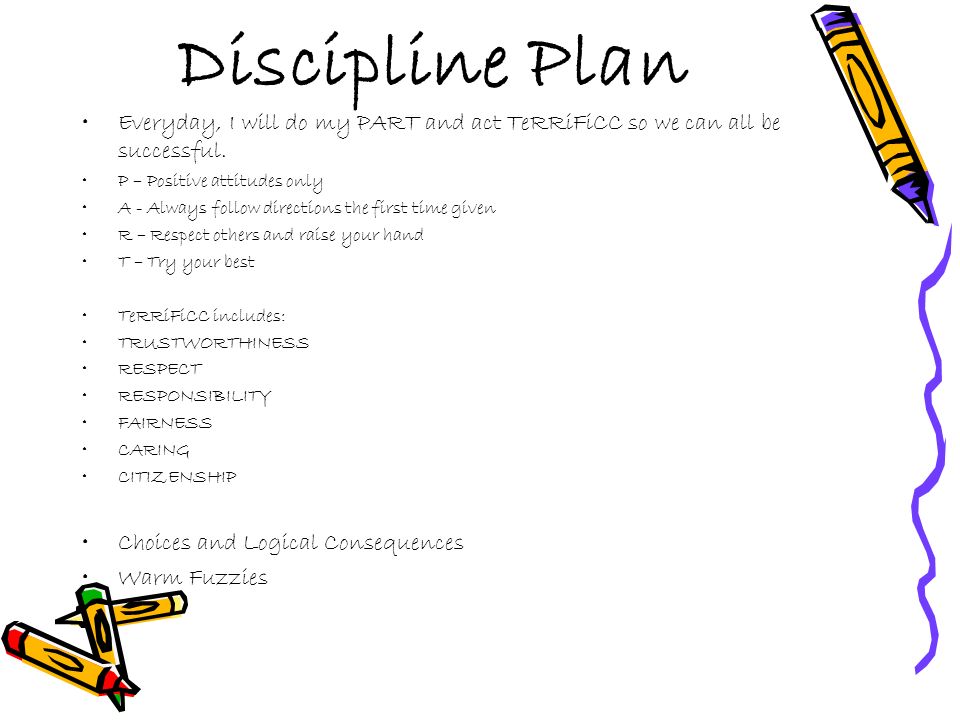 Discipline Plan Everyday, I will do my PART and act TeRRiFiCC so we can all be successful.