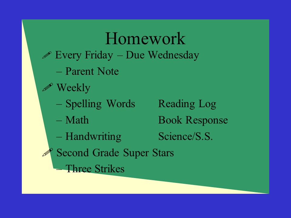 Homework  Every Friday – Due Wednesday –Parent Note  Weekly –Spelling WordsReading Log –MathBook Response –HandwritingScience/S.S.