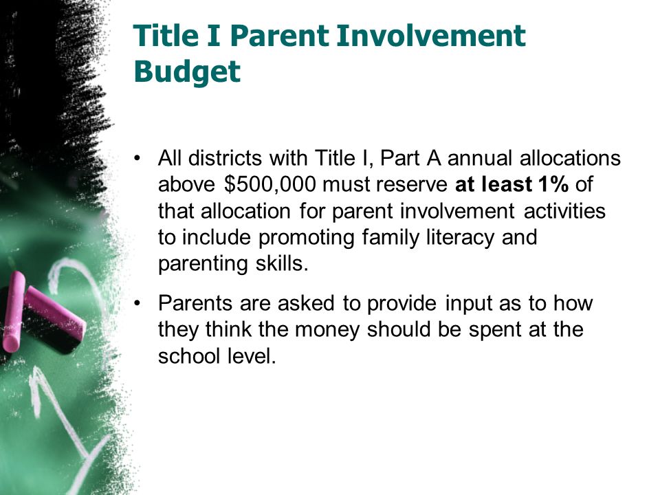 Title I Parent Involvement Budget All districts with Title I, Part A annual allocations above $500,000 must reserve at least 1% of that allocation for parent involvement activities to include promoting family literacy and parenting skills.