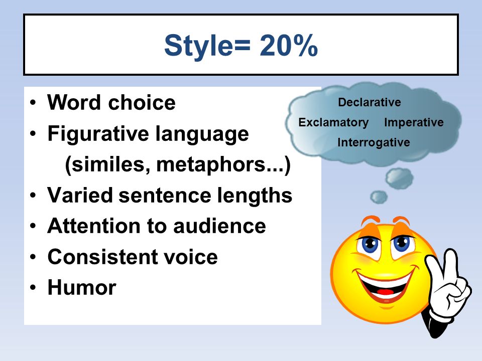 Style= 20% Word choice Figurative language (similes, metaphors...) Varied sentence lengths Attention to audience Consistent voice Humor Declarative Exclamatory Interrogative Imperative