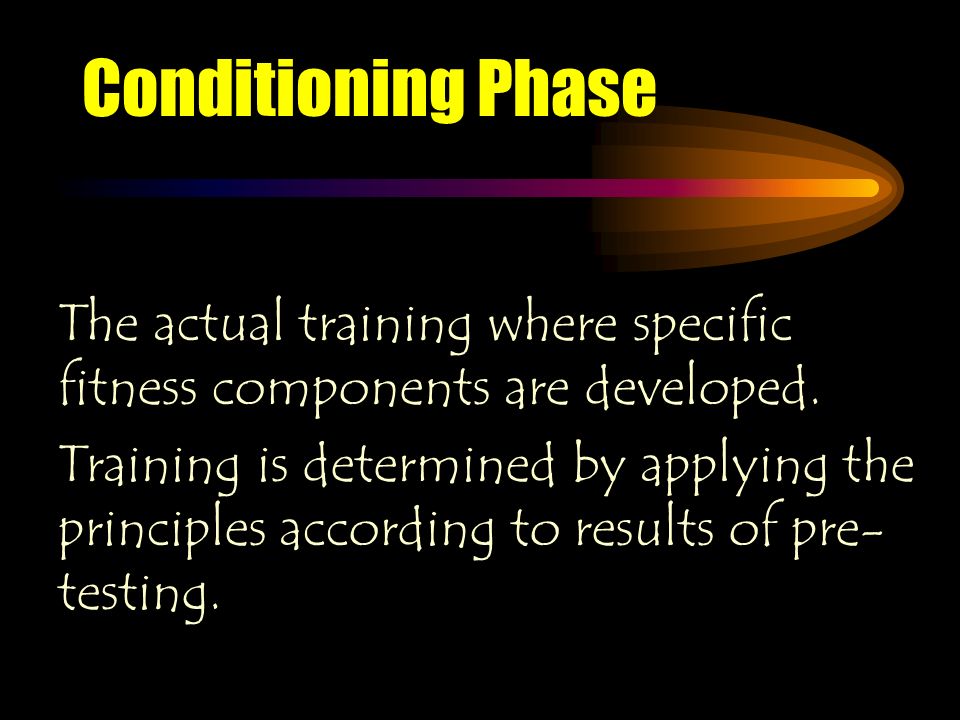 Conditioning Phase The actual training where specific fitness components are developed.
