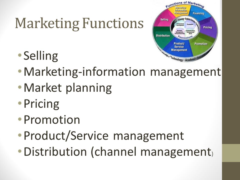 Marketing Functions Selling Marketing-information management Market planning Pricing Promotion Product/Service management Distribution (channel management )