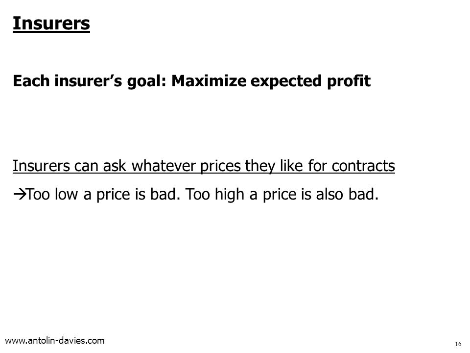 Insurers Each insurer’s goal: Maximize expected profit Insurers can ask whatever prices they like for contracts  Too low a price is bad.