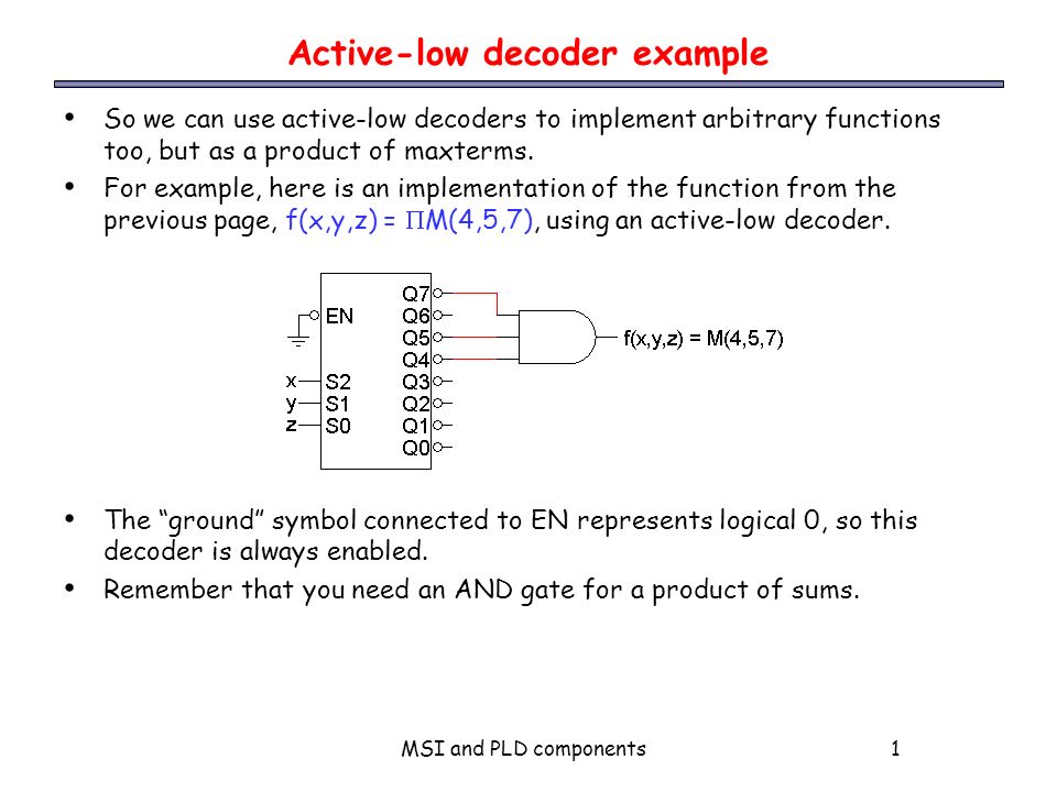MSI and PLD components1 Active-low decoder example So we can use active-low decoders to implement arbitrary functions too, but as a product of maxterms.