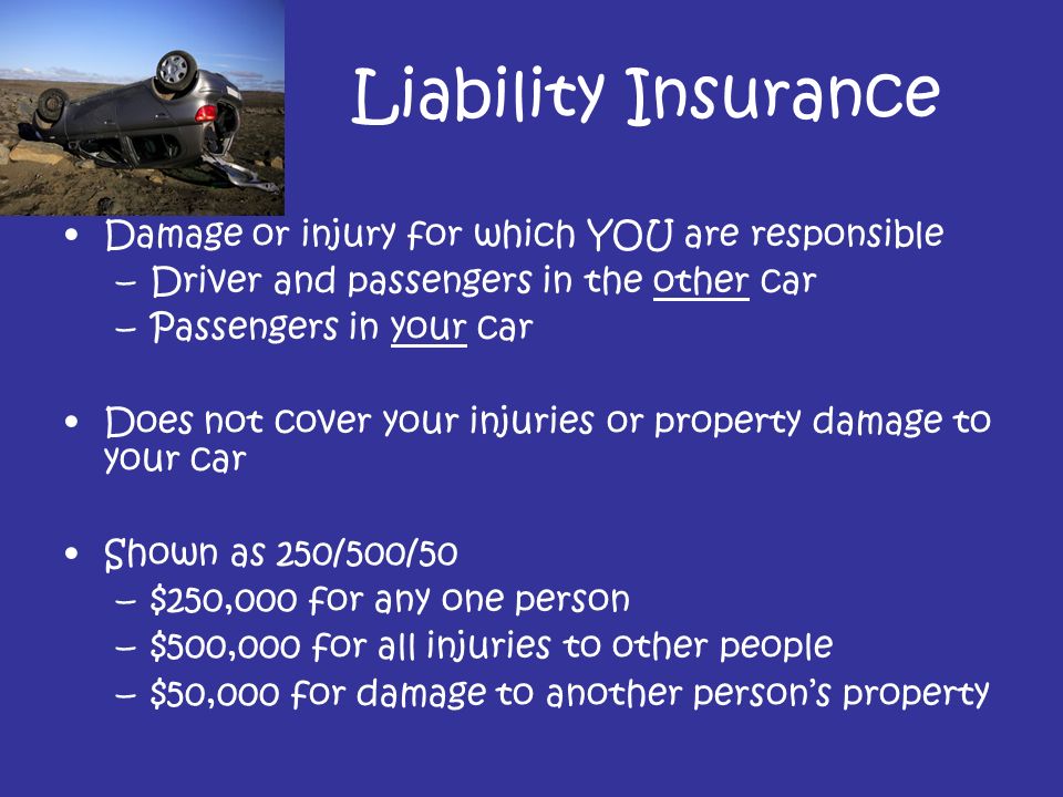 Liability Insurance Damage or injury for which YOU are responsible –Driver and passengers in the other car –Passengers in your car Does not cover your injuries or property damage to your car Shown as 250/500/50 –$250,000 for any one person –$500,000 for all injuries to other people –$50,000 for damage to another person’s property