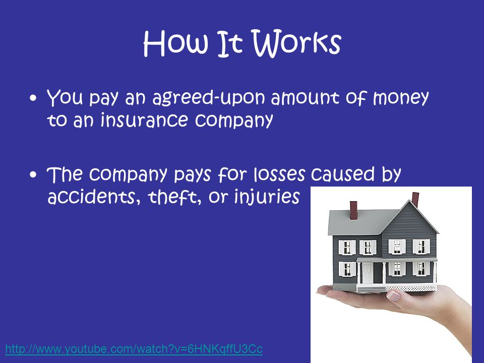 How It Works You pay an agreed-upon amount of money to an insurance company The company pays for losses caused by accidents, theft, or injuries   v=6HNKqffU3Cc