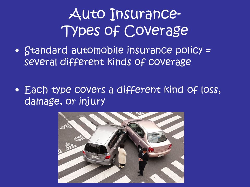 Auto Insurance- Types of Coverage Standard automobile insurance policy = several different kinds of coverage Each type covers a different kind of loss, damage, or injury