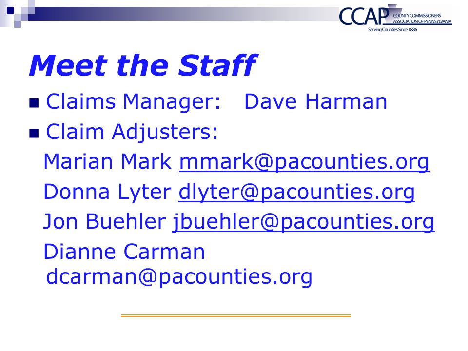 Meet the Staff Claims Manager: Dave Harman Claim Adjusters: Marian Mark Donna Lyter Jon Buehler Dianne Carman