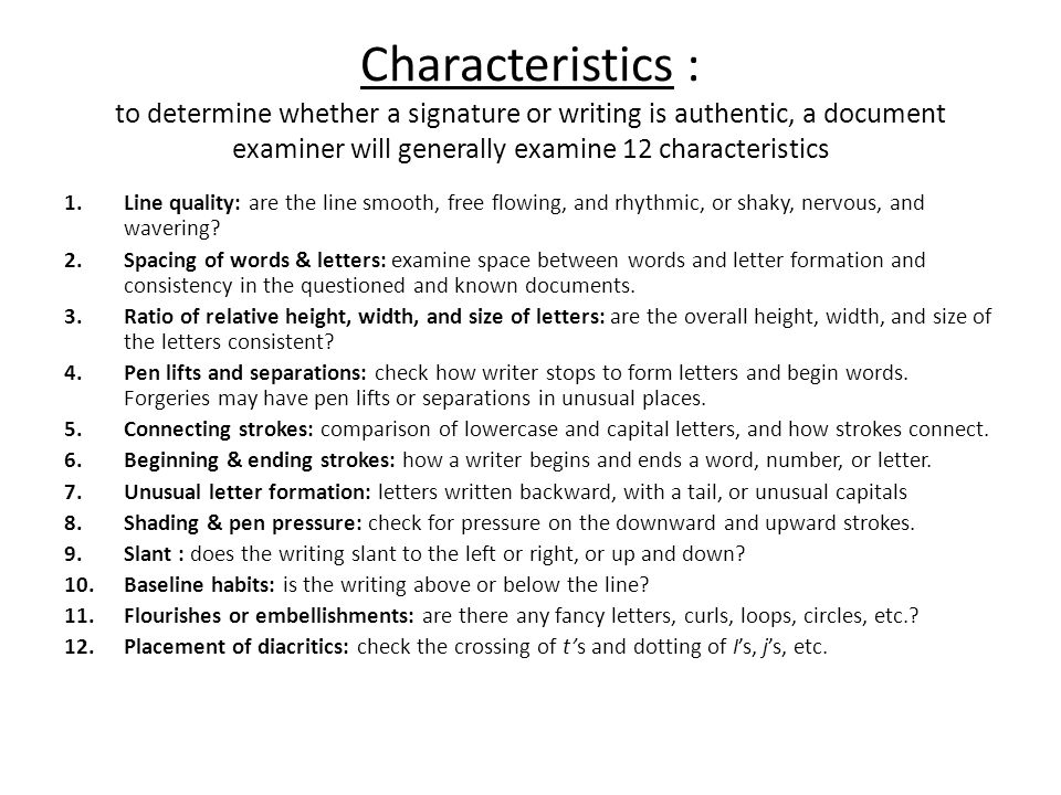 What are the 12 characteristics of handwriting?