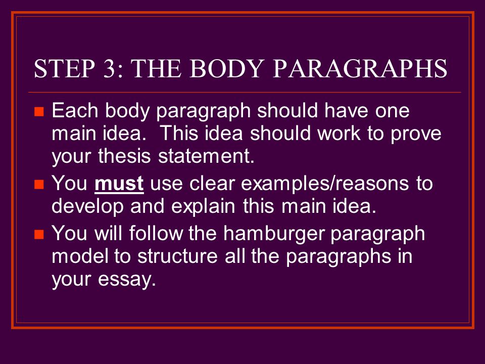 STEP 3: THE BODY PARAGRAPHS Each body paragraph should have one main idea.