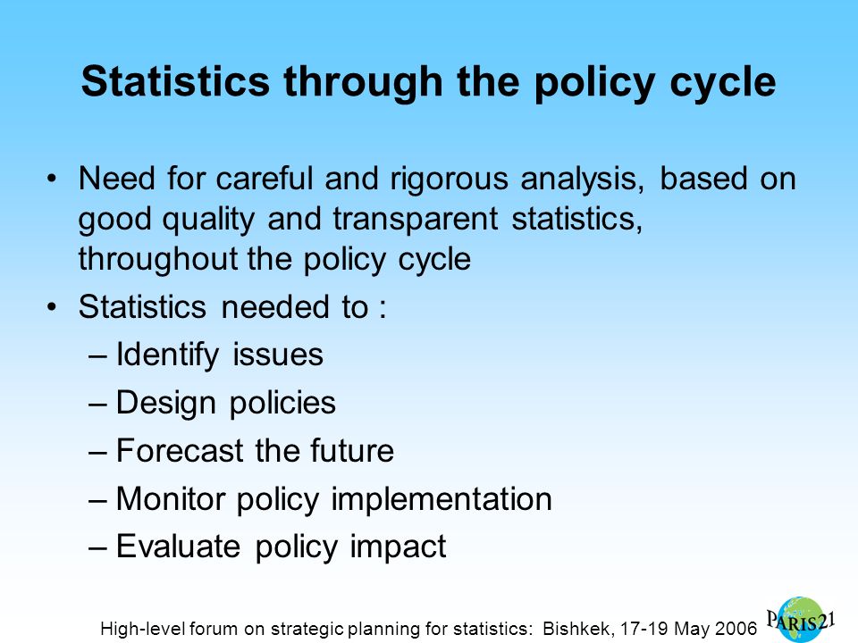 High-level forum on strategic planning for statistics: Bishkek, May 2006 Statistics through the policy cycle Need for careful and rigorous analysis, based on good quality and transparent statistics, throughout the policy cycle Statistics needed to : –Identify issues –Design policies –Forecast the future –Monitor policy implementation –Evaluate policy impact