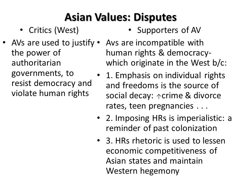 Asian Values: Disputes Critics (West) AVs are used to justify the power ...