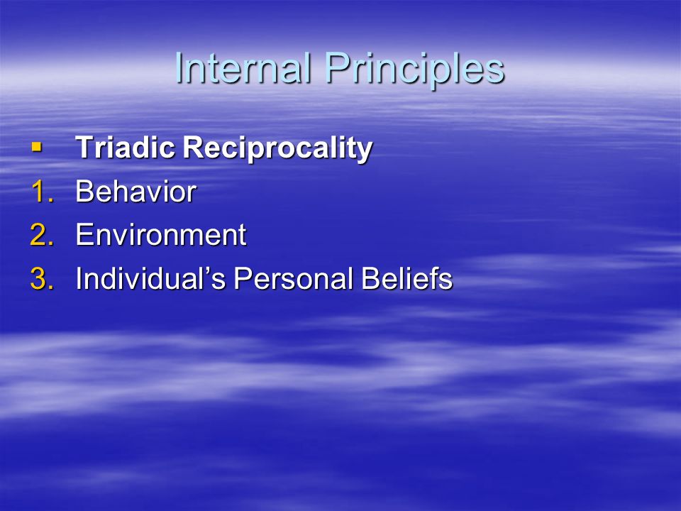Internal Principles  Triadic Reciprocality 1.Behavior 2.Environment 3.Individual’s Personal Beliefs