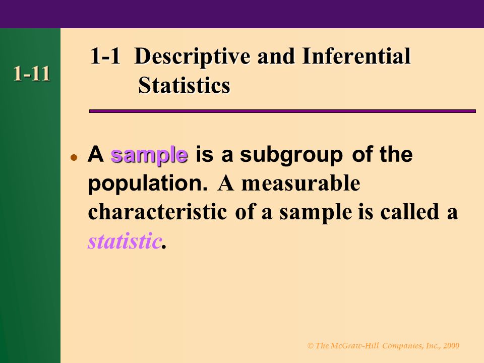 © The McGraw-Hill Companies, Inc., Descriptive and Inferential Statistics sample A sample is a subgroup of the population.