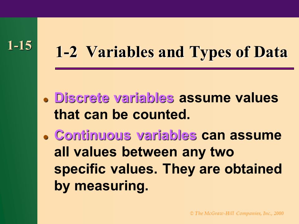 © The McGraw-Hill Companies, Inc., Variables and Types of Data Discrete variables Discrete variables assume values that can be counted.