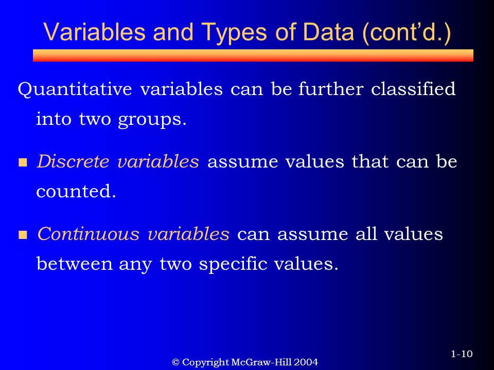 © Copyright McGraw-Hill Variables and Types of Data (cont’d.) Quantitative variables can be further classified into two groups.