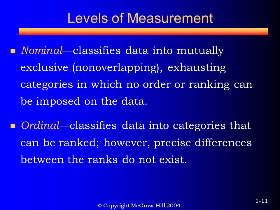 © Copyright McGraw-Hill Levels of Measurement Nominal —classifies data into mutually exclusive (nonoverlapping), exhausting categories in which no order or ranking can be imposed on the data.