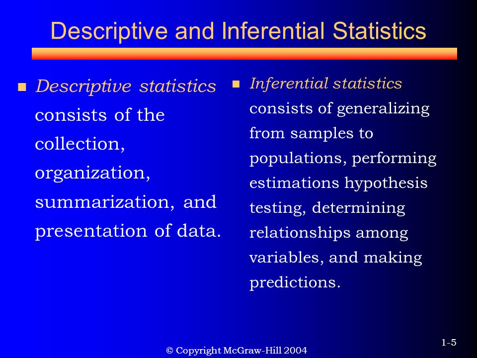 © Copyright McGraw-Hill Descriptive and Inferential Statistics Descriptive statistics consists of the collection, organization, summarization, and presentation of data.