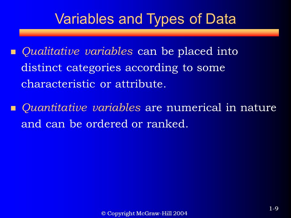 © Copyright McGraw-Hill Variables and Types of Data Qualitative variables can be placed into distinct categories according to some characteristic or attribute.