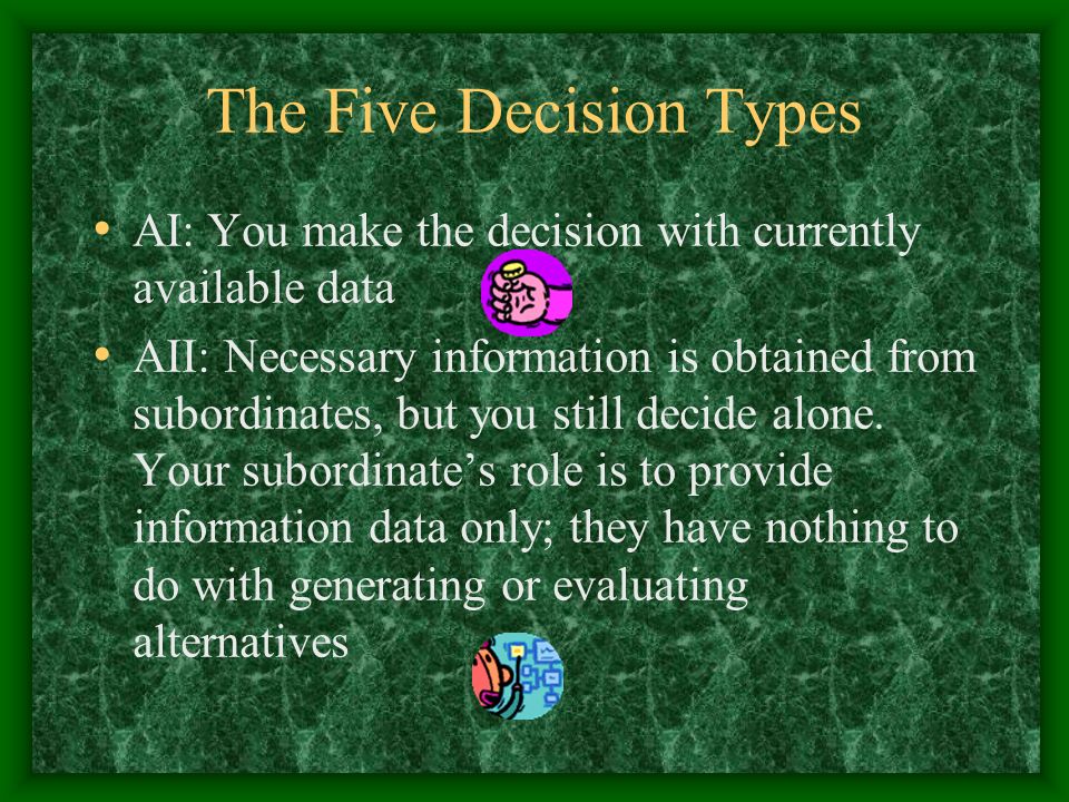 The Five Decision Types AI: You make the decision with currently available data AII: Necessary information is obtained from subordinates, but you still decide alone.