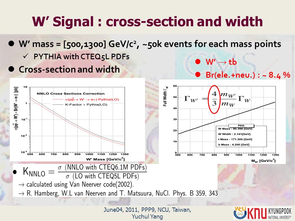 June04, 2011, PPP9, NCU, Taiwan, Yuchul Yang W’ Signal : cross-section and width W’ mass = [500,1300] GeV/c 2, ~50k events for each mass points PYTHIA with CTEQ5L PDFs Cross-section and width W’ → tb Br(ele.+neu.) : ~ 8.4 %