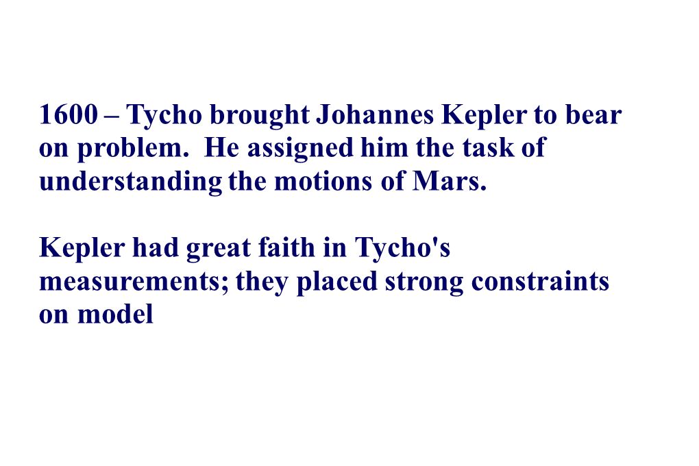1600 – Tycho brought Johannes Kepler to bear on problem.