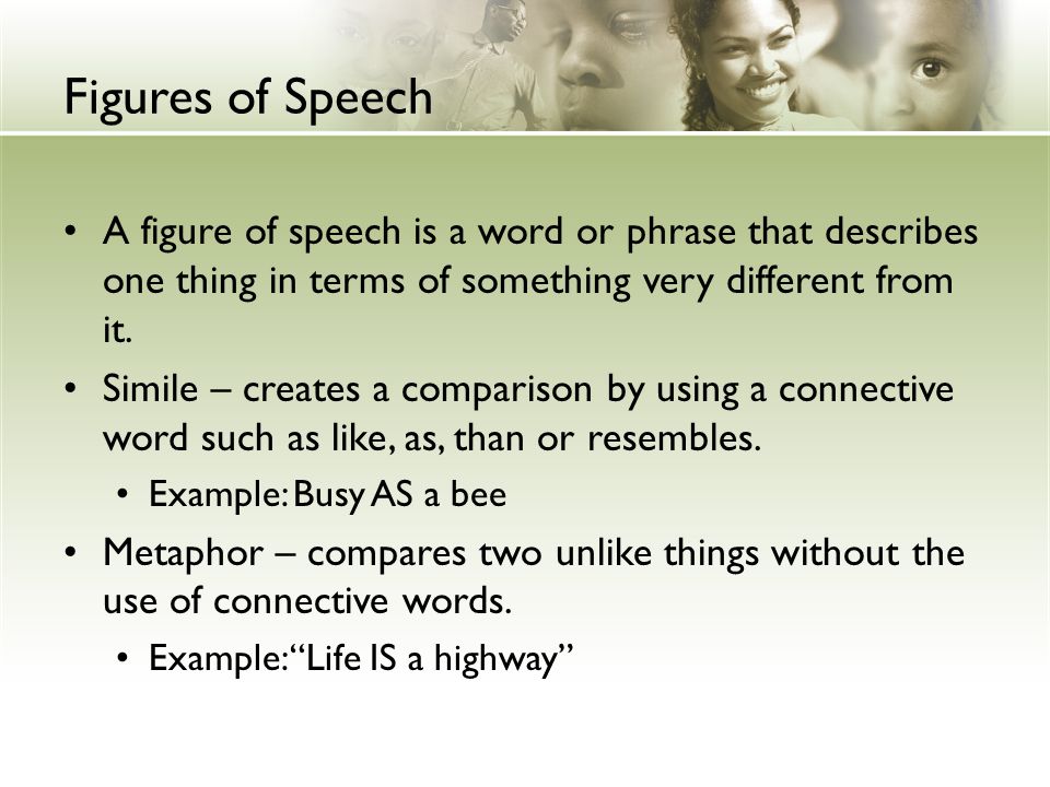 Figures of Speech A figure of speech is a word or phrase that describes one thing in terms of something very different from it.