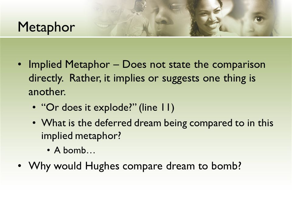 Metaphor Implied Metaphor – Does not state the comparison directly.