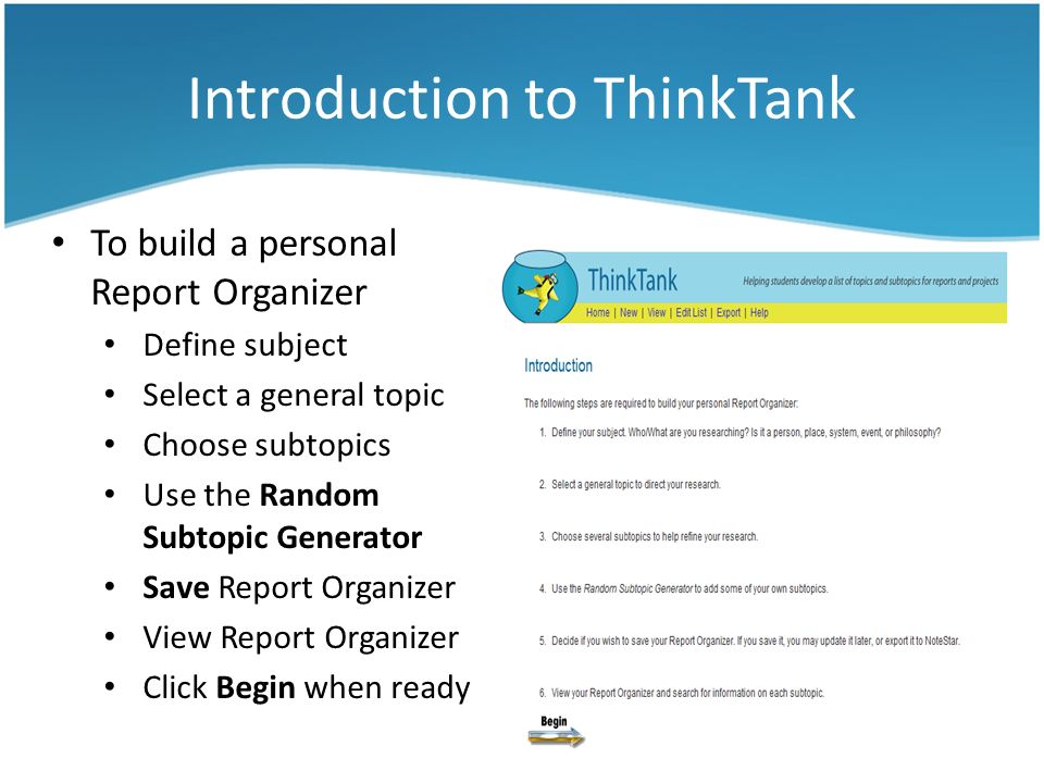 ThinkTank can help students… Create an outline of topics and subtopics to  assist research. Narrow their research topic so it becomes more specific. -  ppt download