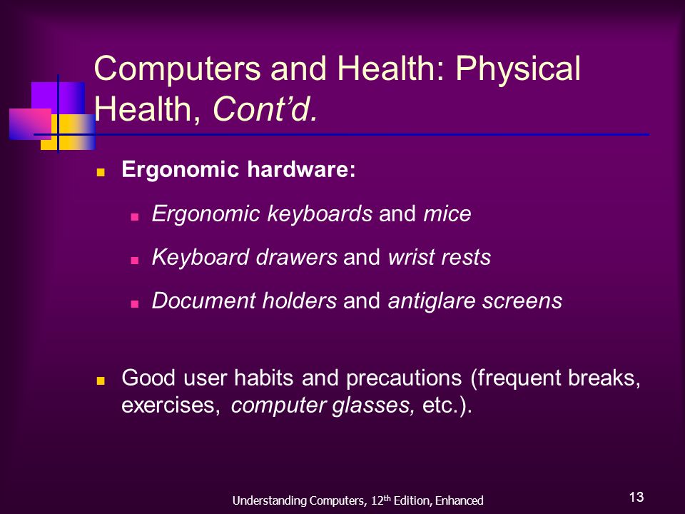 Understanding Computers, 12 th Edition, Enhanced 13 Computers and Health: Physical Health, Cont’d.