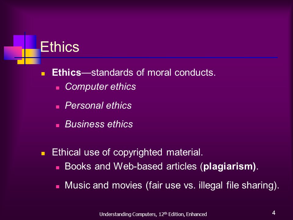 Understanding Computers, 12 th Edition, Enhanced 4 Ethics Ethics—standards of moral conducts.