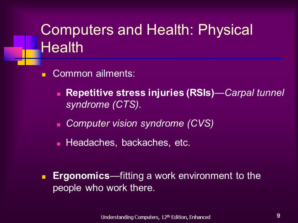 Understanding Computers, 12 th Edition, Enhanced 9 Computers and Health: Physical Health Common ailments: Repetitive stress injuries (RSIs)—Carpal tunnel syndrome (CTS).