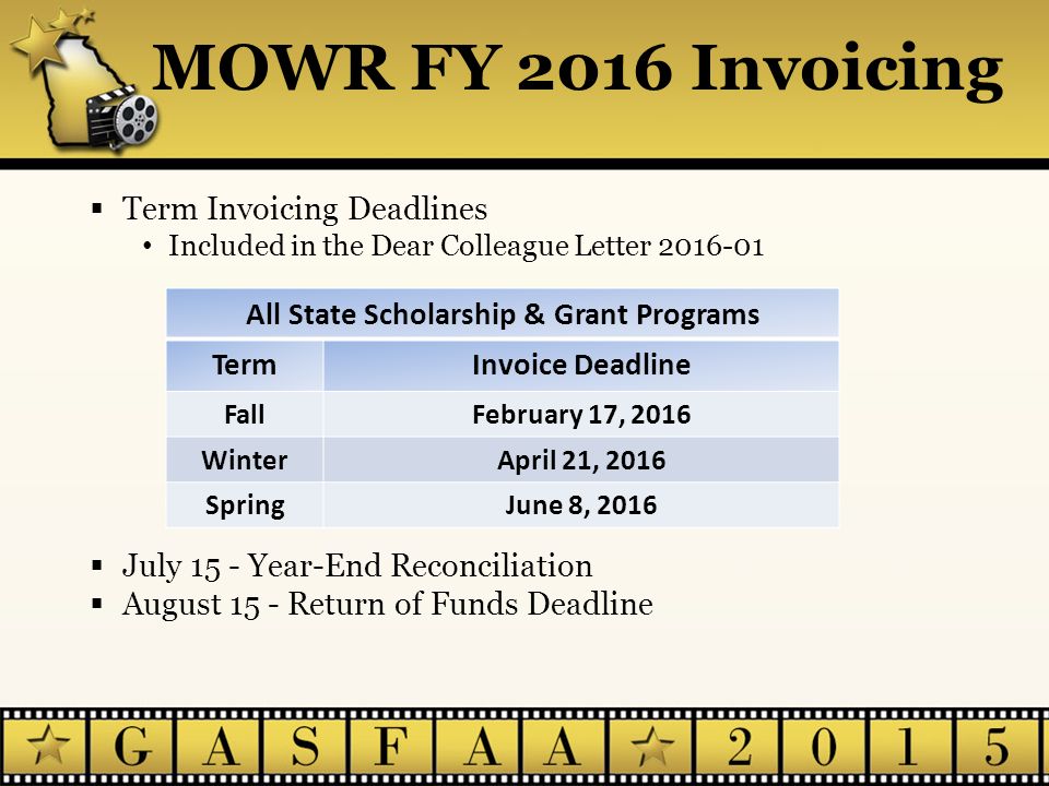MOWR FY 2016 Invoicing  Term Invoicing Deadlines Included in the Dear Colleague Letter  July 15 - Year-End Reconciliation  August 15 - Return of Funds Deadline All State Scholarship & Grant Programs TermInvoice Deadline FallFebruary 17, 2016 WinterApril 21, 2016 SpringJune 8, 2016