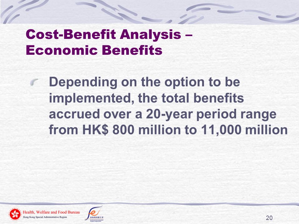 20 Depending on the option to be implemented, the total benefits accrued over a 20-year period range from HK$ 800 million to 11,000 million Cost-Benefit Analysis – Economic Benefits