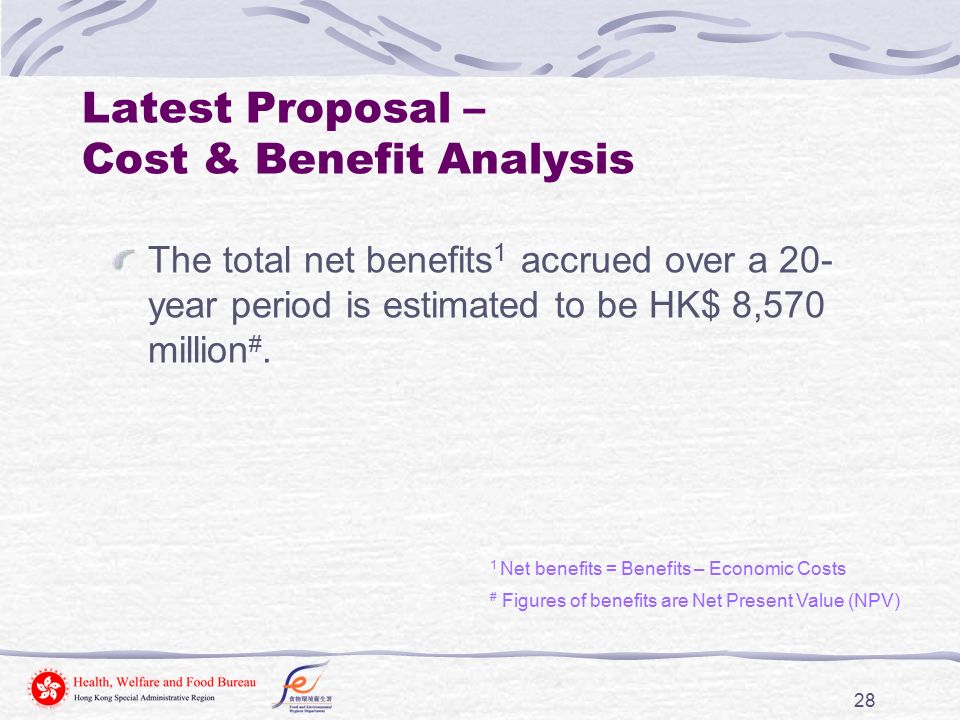 28 The total net benefits 1 accrued over a 20- year period is estimated to be HK$ 8,570 million #.
