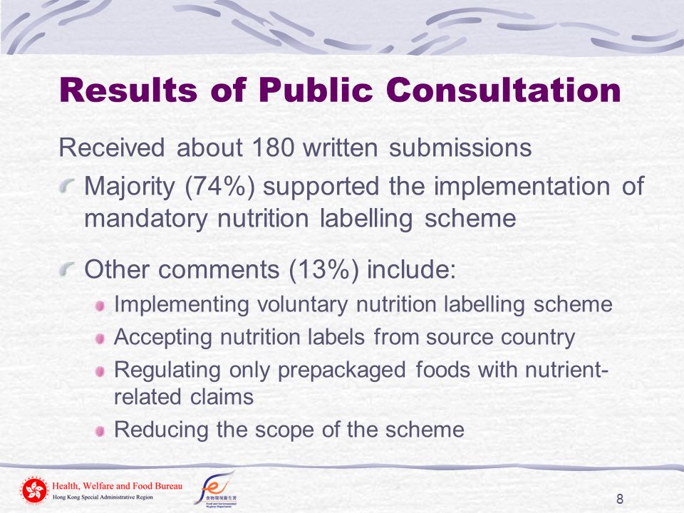 8 Results of Public Consultation Received about 180 written submissions Majority (74%) supported the implementation of mandatory nutrition labelling scheme Other comments (13%) include: Implementing voluntary nutrition labelling scheme Accepting nutrition labels from source country Regulating only prepackaged foods with nutrient- related claims Reducing the scope of the scheme